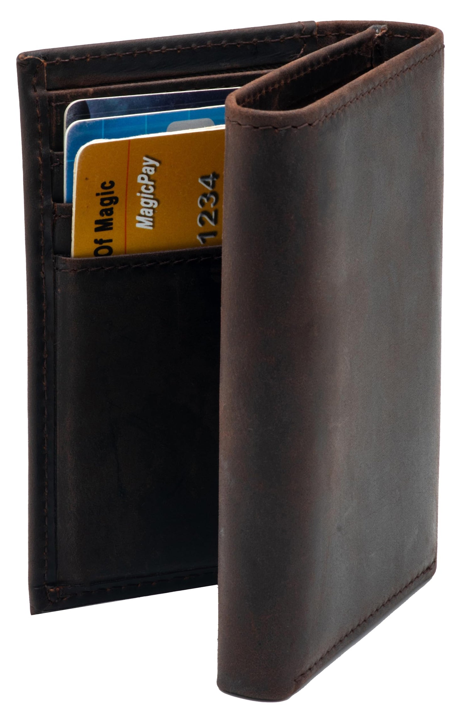 WULOUJIE Mens large-capacity Trifold wallet with 2 ID Window，Genuine Leather RFID Blocking 11 card slots Wallet for Men (Dark brown)