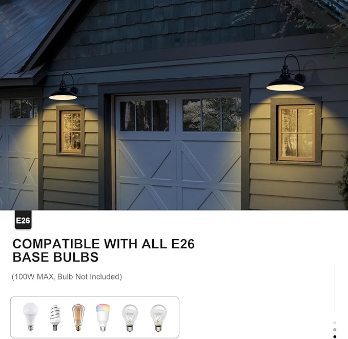 Dusk to Dawn Sensor Outdoor Barn Light Fixtures, 16 Inch Dome Farmhouse Outdoor Wall Sconces, Rustic Gooseneck Exterior Wall Mount Lights, Industrial Black White Lanterns for Porch, 2 Pack