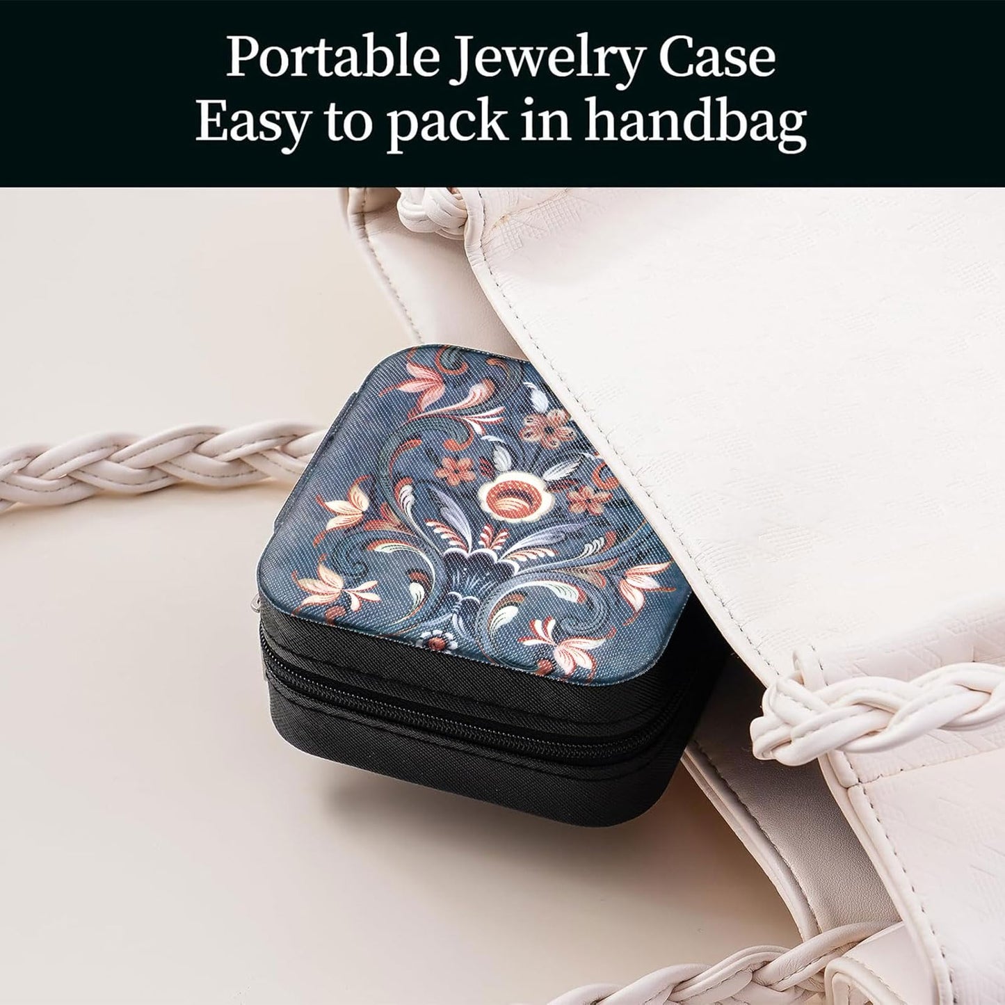 Artinhand Norwegian Rosemaling Folk Style Small Travel Jewelry Case with Mirror Portable Black PU Leather Box Earrings Necklaces Rings Bracelets Storage Organizer Gift for Women And Girls