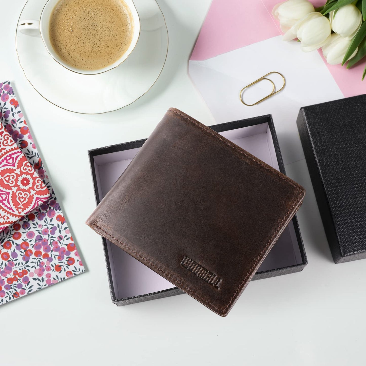 LYOOMALL Wallet for Men, Large Capacity Genuine Leather RFID Blocking Bifold Wallet/Credit Card Holder for Men, with Coin Pocket, Zipper Cash Pocket, ID Window and 10 Card Slots (Coffee)
