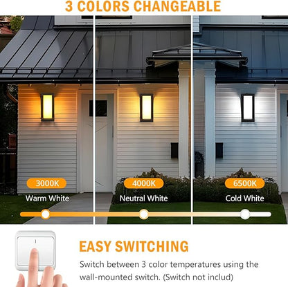 wowlite Outdoor Wall Lights for House 2 Pack, LED Exterior Lighting Fixtures 3 Colors Changeable, Matte Black Outdoor Sconce Lights, IP65 Waterproof Front Porch Light for Garage Garden Patio