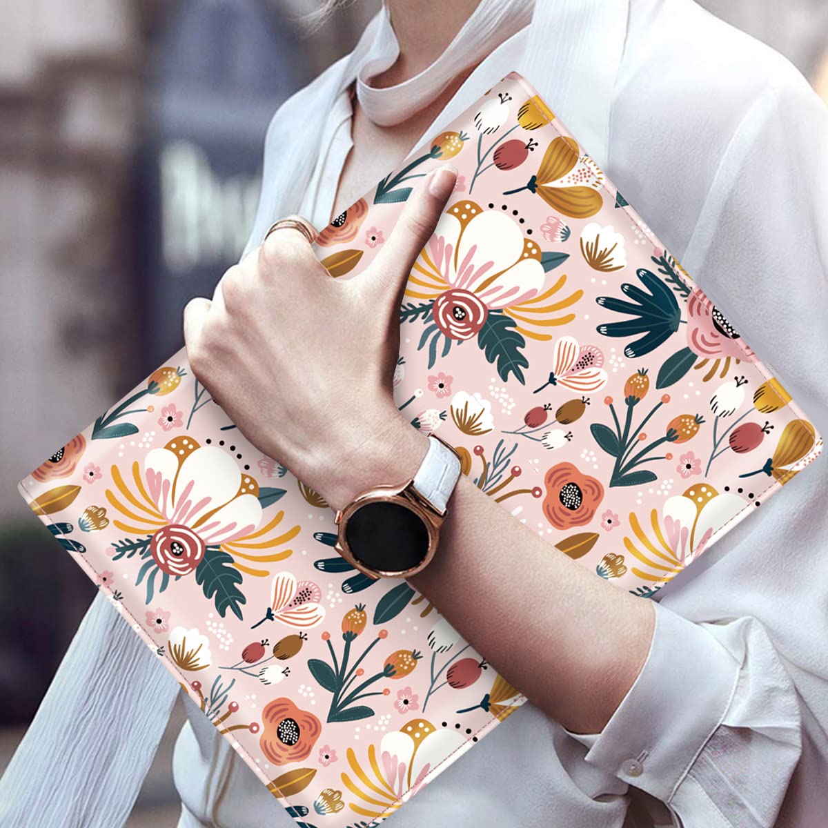 WAVEYU Portfolio Case for Women, Cute Floral Padfolio Cover for Girls, Conference/Resume/Legal Document Organizer with Letter/A4 Size Clipboard Hardboard, Business Card Holders, Pink Flower