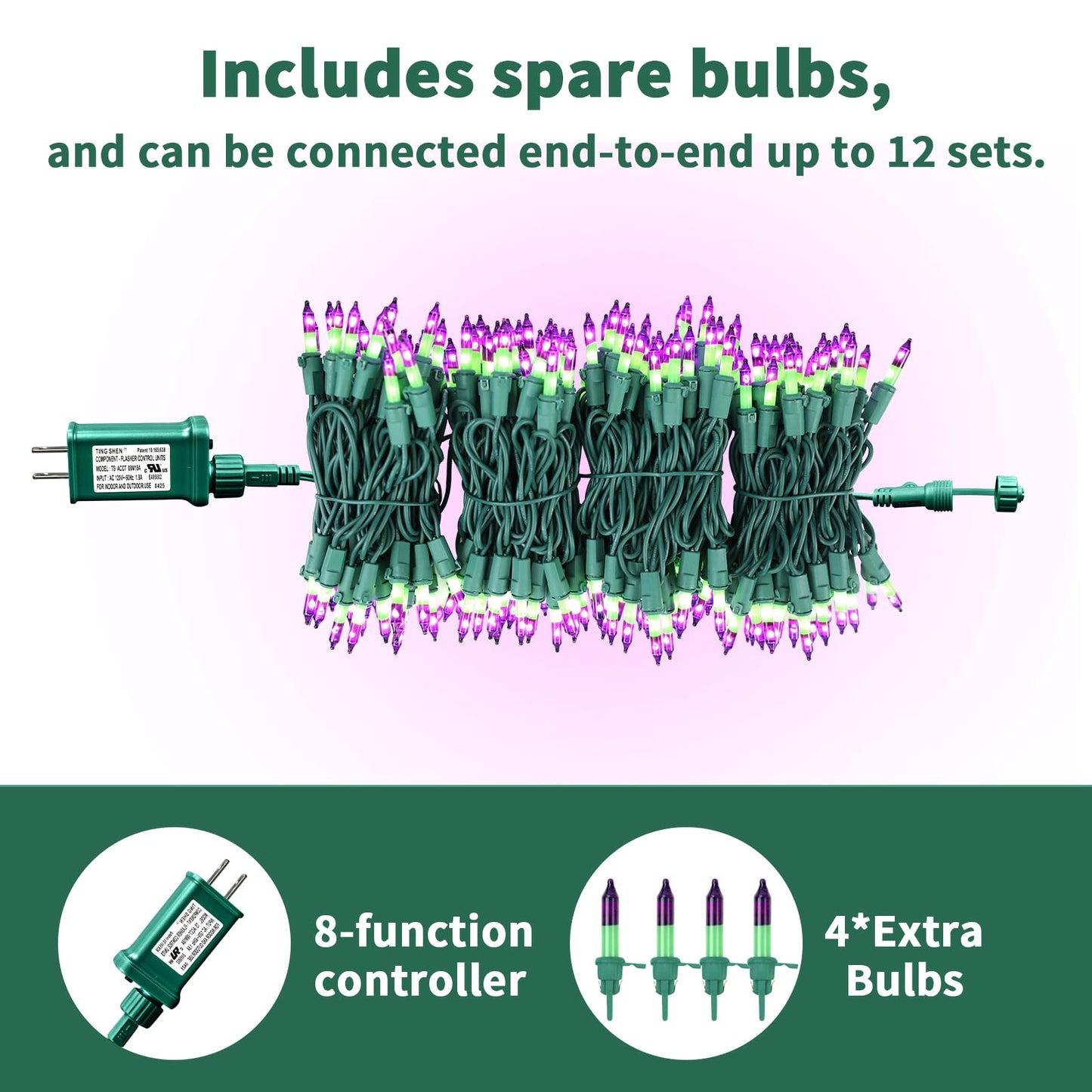 SUPHONOR Christmas200-Count Mini Purple & Green String LightsUL-Certified, Equipped with 8 Lighting Modes, Perfect for patios, Fences and Holiday Occasions.(40ft)