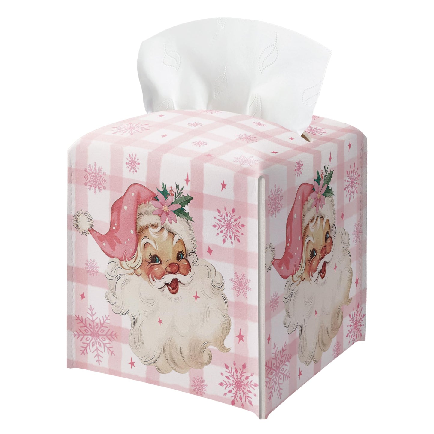 Christmas Box Cover Square, Santa Claus Pink Checkered Decorative Tissue Box Holder, Waterproof Leather Tissues Boxes Dispenser for Bathroom, Office, Car, Bedroom Nightstand, Home Decor