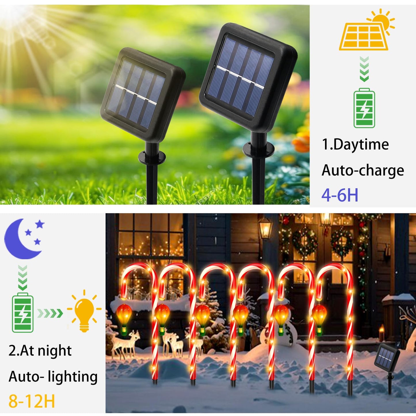 12 Pack Outdoor Solar Christmas Decorations, 180 Bright LED Solar Candy Cane Christmas Lights 8 Lighting Modes, Waterproof Outside Xmas Decorations with Lantern Decor Lights for Pathway Yard Garden