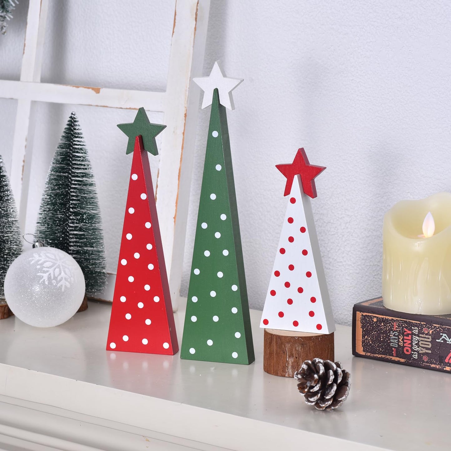 GHOSTMAGIC 3 Pcs Wooden Christmas Trees Tabletop Decorations, Rustic Xmas Tree Table Signs Double-Sided Tiered Tray Centerpieces Farmhouse Wood Sign Decor for Home Office Fireplace Farmhouse (3pcs)
