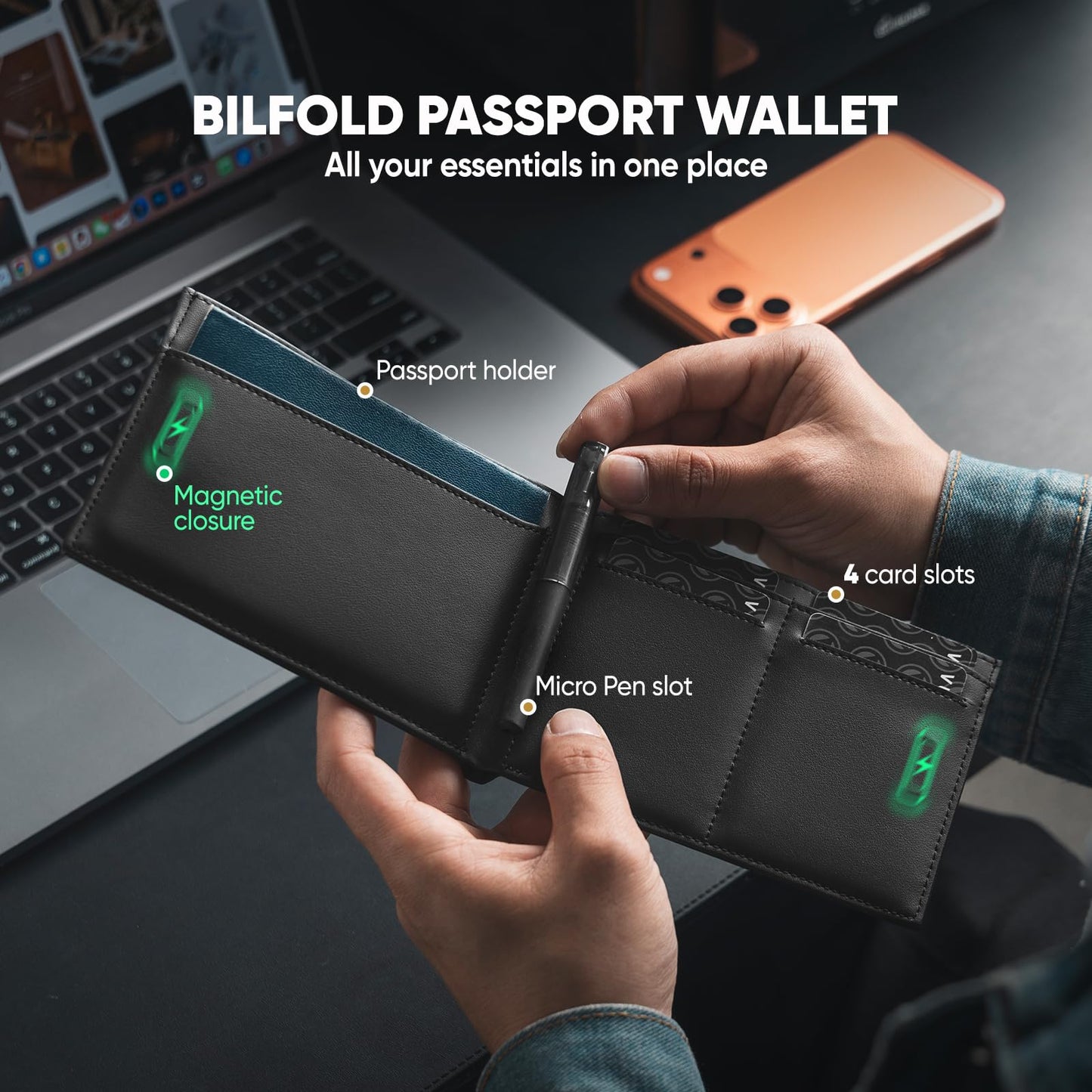 VULKIT Bilfold Passport Holder Leather RFID Blocking Passport Wallet with Hidden Pocket Slim Travel Documents Organizer for Men or Women (Passport, Card, Cash, Coin, SIM Card, Ticket)