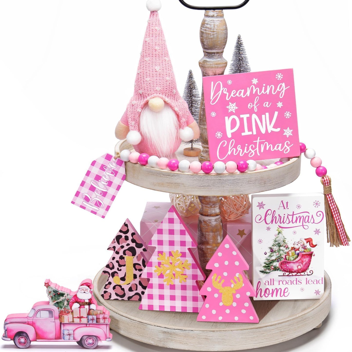 Asoulin Pink Christmas Tiered Tray Decor 8 PCS Xmas Decorations Indoor - Believe Christmas Wooden Signs & Pink Xmas Gnome Plush Set - Table Decor Tier for Home Kitchen Mantel