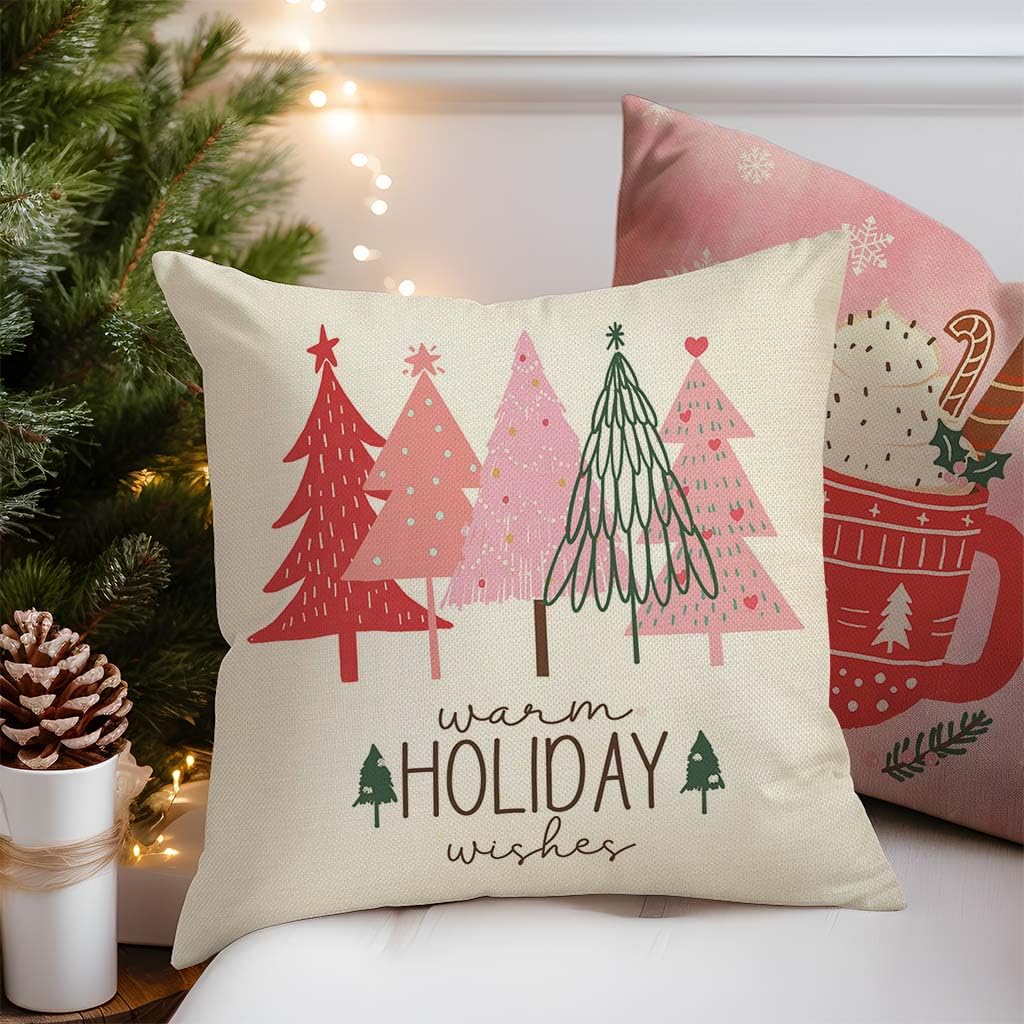HERHOME Pink Christmas Pillow Covers 18x18 Inch Gingerbread House Hot Cocoa Xmas Tree Pink Christmas Decorations Winter Holiday Decorative Throw Pillow Case Set of 4 for Couch Home Decor