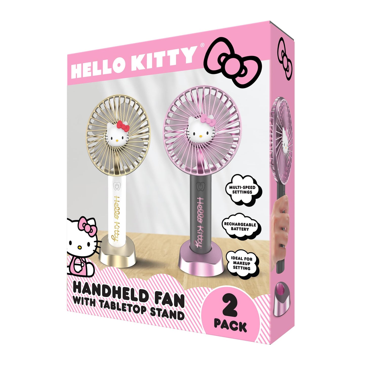 Hello Kitty 2-Pack Handheld Fan with Tabletop Stand - Multi-Speed Settings, Rechargeable Battery, Portable and Compact Design - Ideal for Home, Office, and Outdoor Use - Includes USB Charging Cable