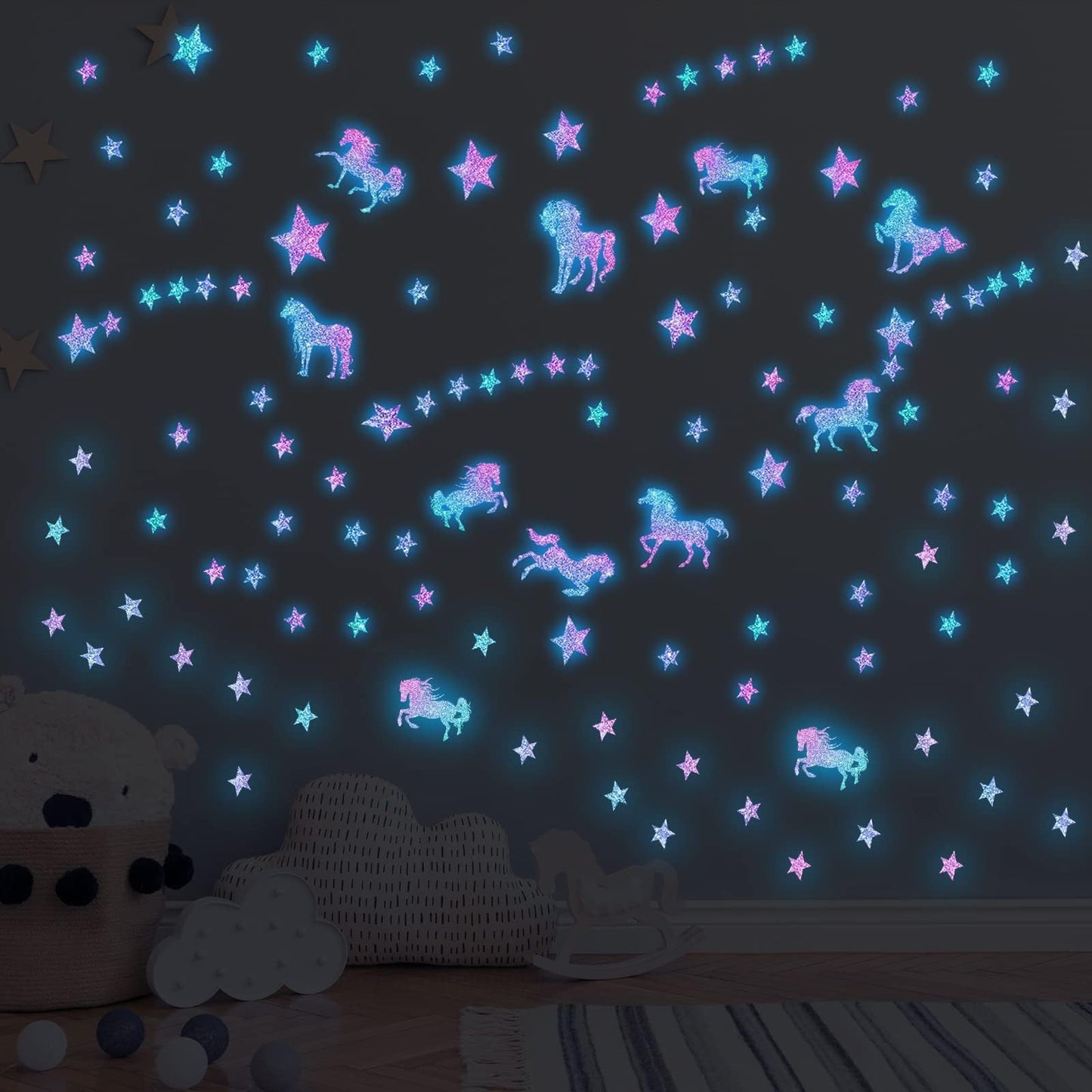 Glow in The Dark Unicorns Wall Decals Unicorns Star Wall Stickers for Baby Girls Bedroom Blue Luminous Glow Stars Ceiling Stickers for Baby, Birthday Present for Baby Boys