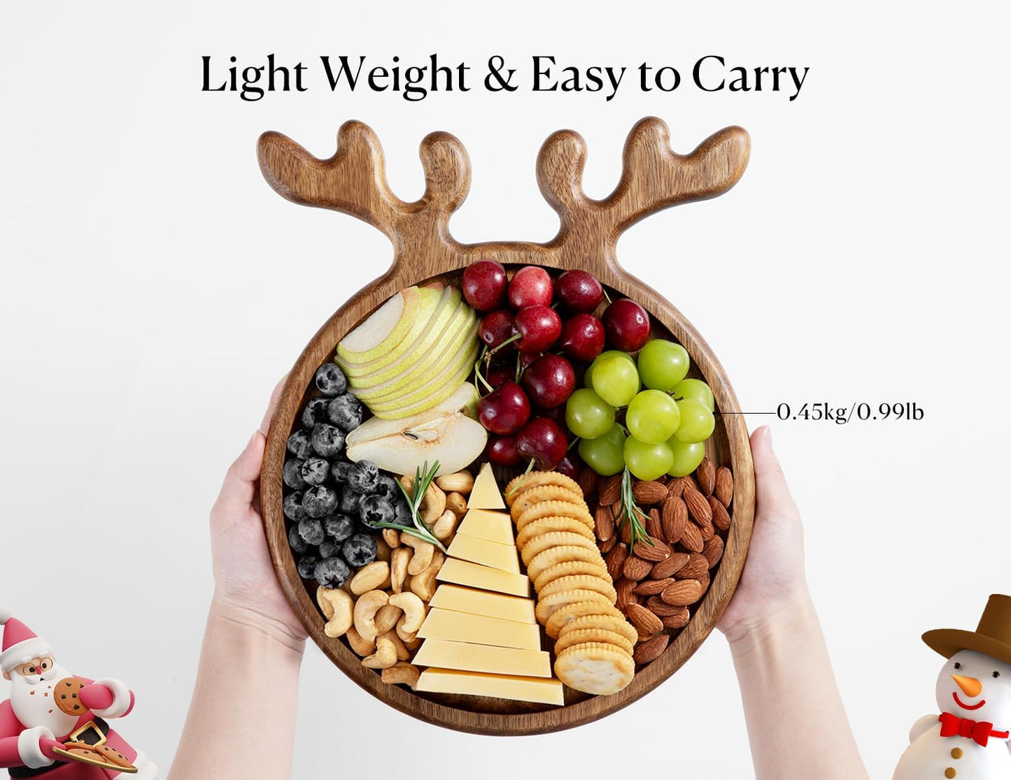 Dofira Acacia Antler Christmas Serving Platter, 12" x 15" Round Wooden Food Dish, Serving Dishes Charcuterie Board Tray for Cheese Fruit Bread, Christmas Platter for Housewarming, Mother’s Day