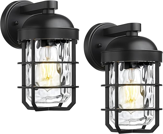 Emliviar Cylinder Outdoor Wall Lights Set of 2, 11" Black Outside Lamps Wall Mount for Porch, Garage, Front Door, E26 Socket with Water Ripple Glass, GE255BL-2PK BK-WG