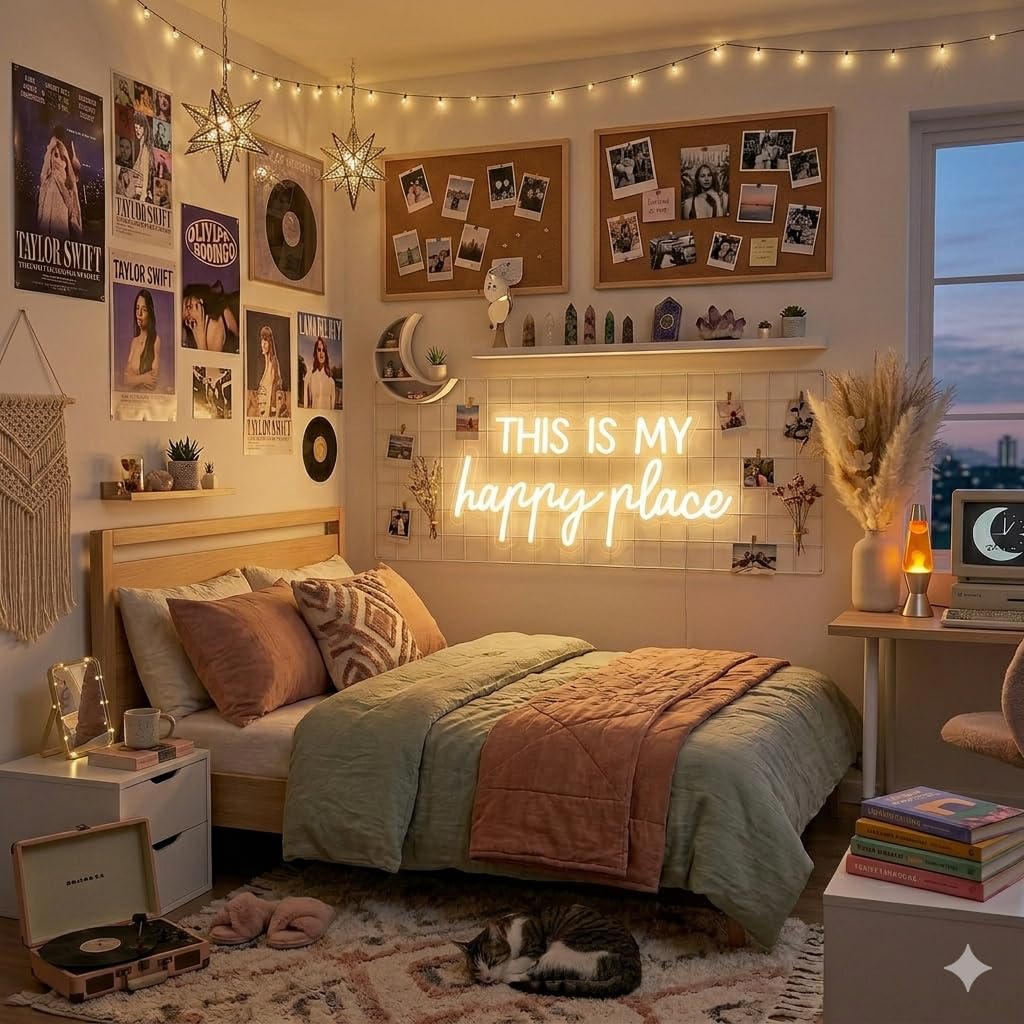 Neon Lights for Wall Decor - This Is My Happy Place Neon Signs for Teen Girls Bedroom Decor, Led Sign for Wall Decor, Nightstand Light, Dimmable Switch USB Power, Adhesive Hook Included