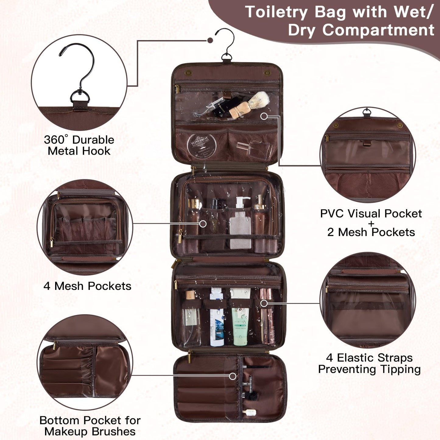 Aganmi Personalized Hanging Toiletry Bag Travel Gifts for Men Him, 3-in-1 Large Laser-Engraved Initial Waterproof PU Leather Shaving Bag Valentines Birthday Gift for Men Dad Husband Dark Brown M