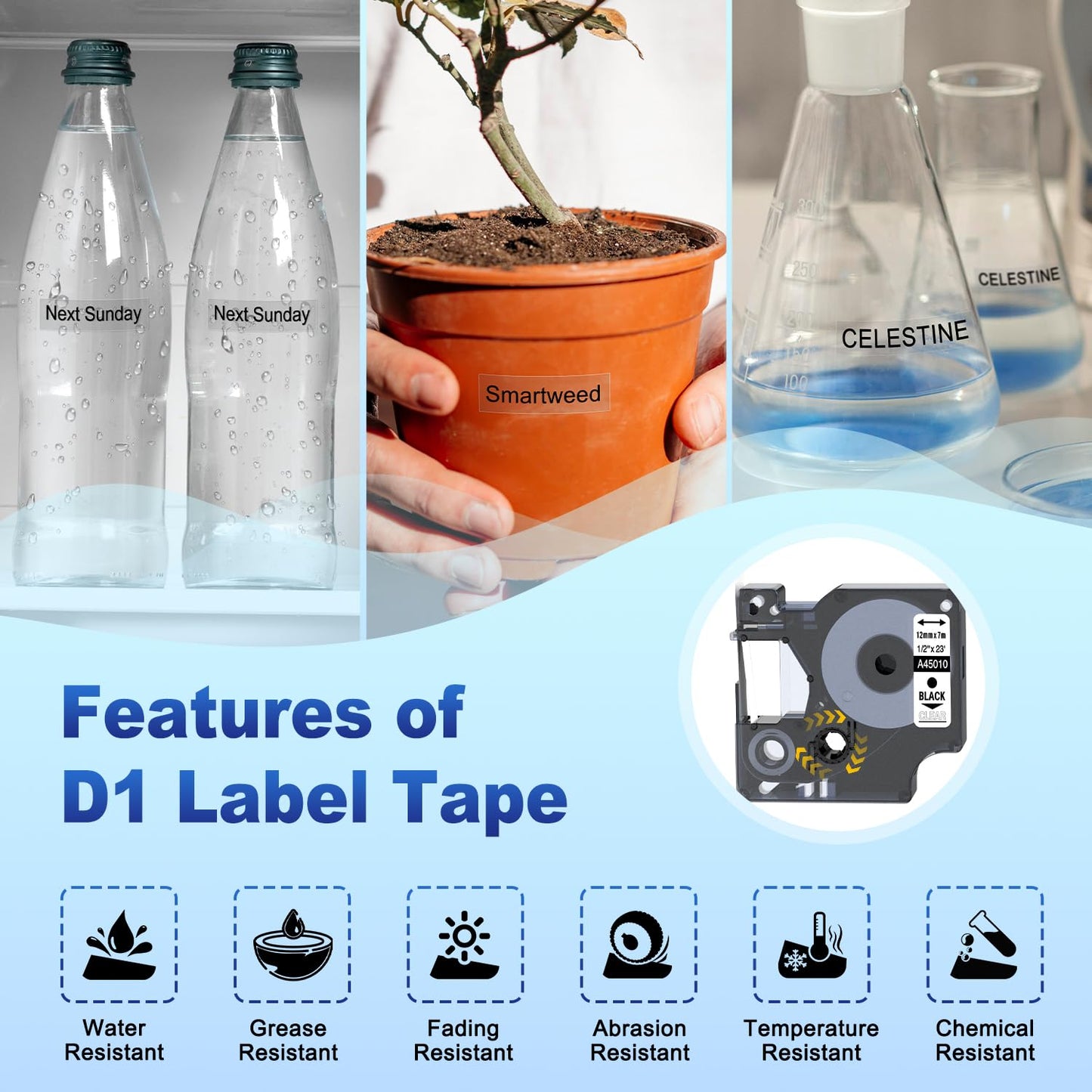 Compatible DYMO D1 Label Tape Black on Clear Replace for DYMO Label Maker Refills 45010 S0720500, 1/2Inch x 23Ft for Dymo LabelManager 160 210D 280 360D Labeler, 3-Pack