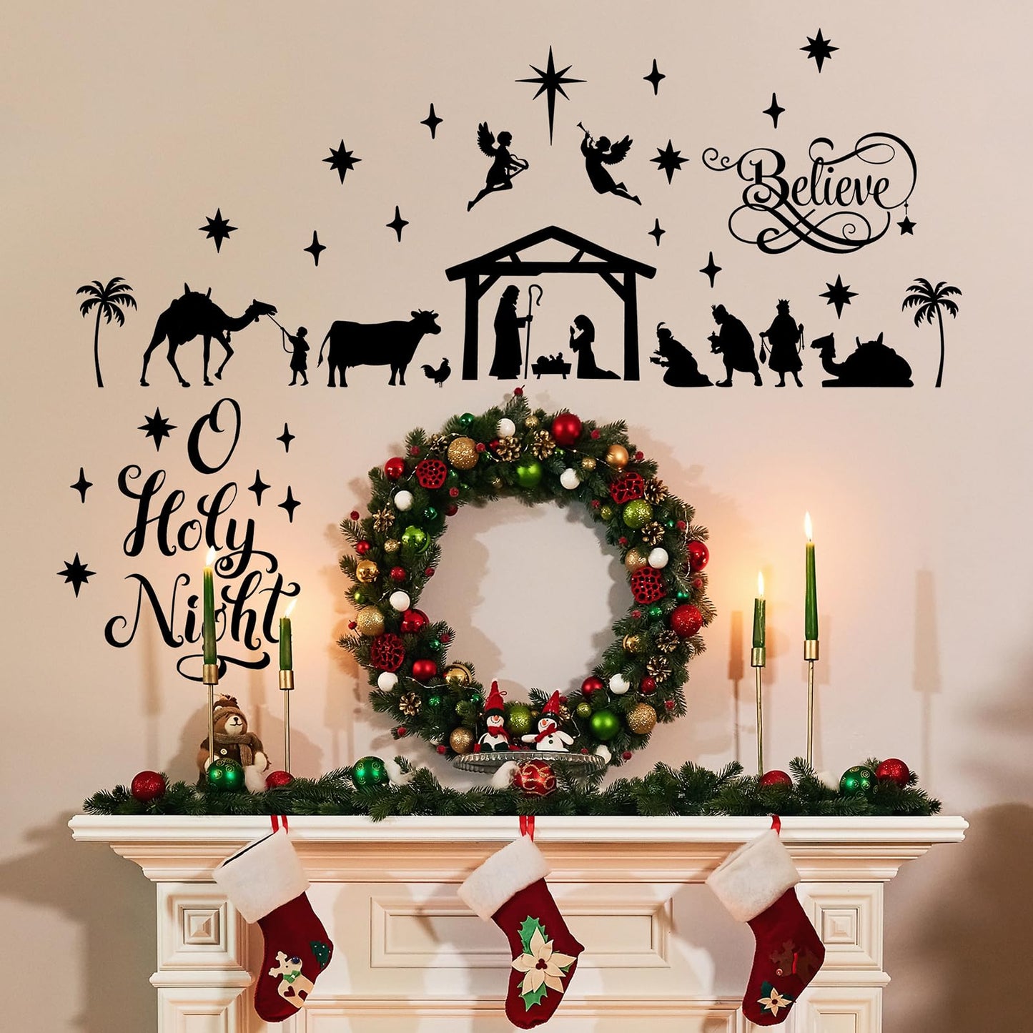 Chinco Large Christmas Nativity Scene Wall Decor Stickers Nativity Vinyl Wall Decal Christmas Decorations Religious Murals Modern for Xmas Room Decor, Black (O Holy Night)