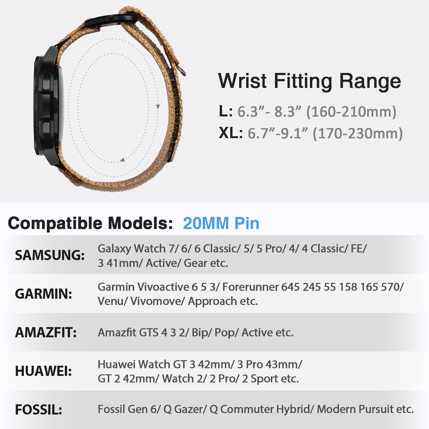 Nereides Band Compatible with Samsung Galaxy Watch 7 6 5 4 40mm 44mm/ Watch 6 4 Classic/Watch 5 Pro/Watch 3 Classic 41mm/Active 2, 20mm Nylon Replacement Sports Strap for Men Women(Light Brown,L)