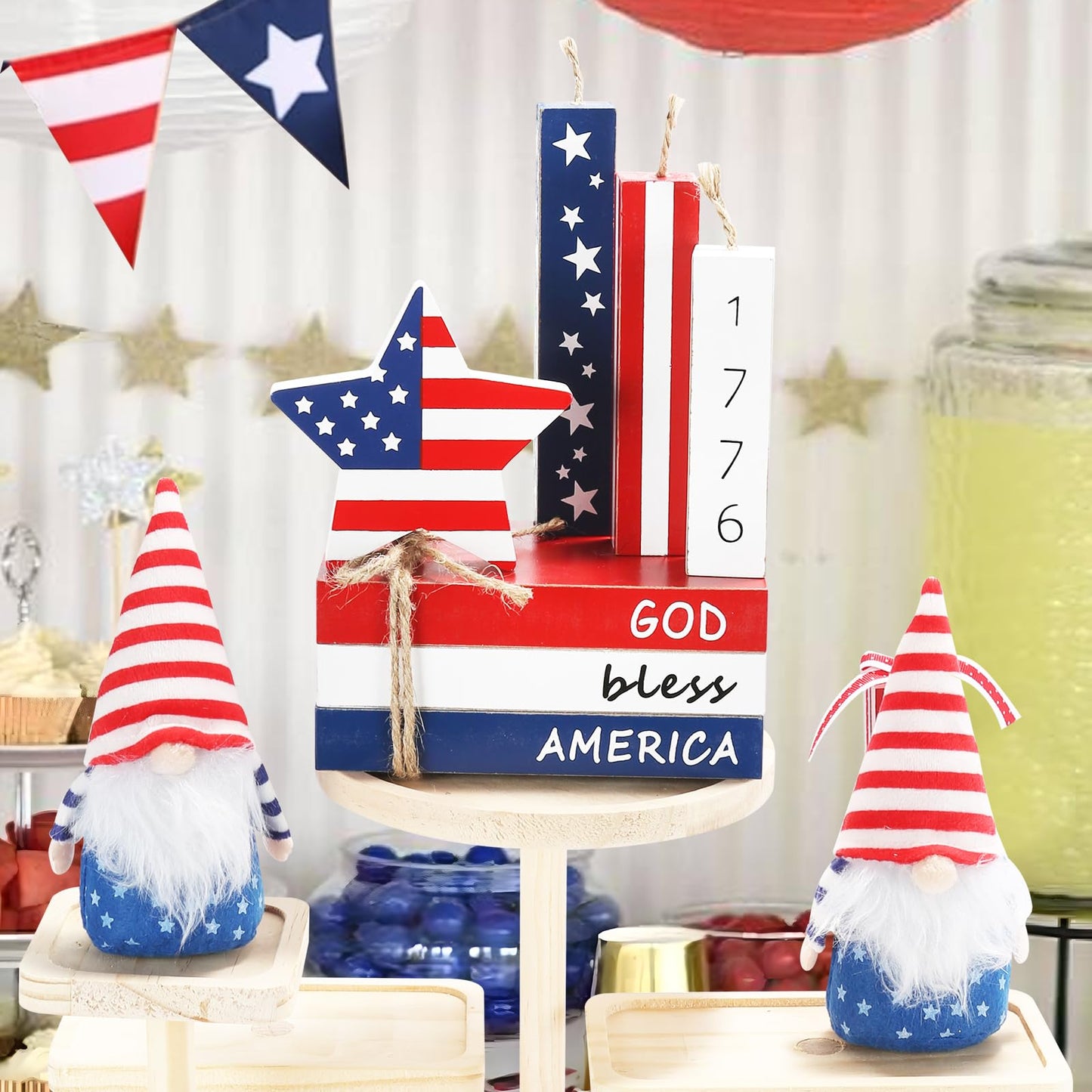 4th of July Decorations, 7 Pcs Patriotic Table Centerpieces Fourth of July Tabletop Decor Wood Faux Book Stack Star Sign Firecracker Farmhouse Decor for Tiered Tray Home Office Shelf Mantel
