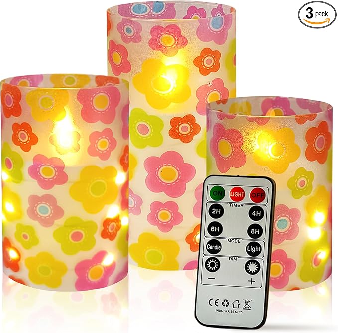 Flickering Flameless Candles Cute Colorful Flowers Print Embedded Star String Lights, Battery Operated Acrylic LED Pillar Candles with 11-Key Remote and Timer for Home Decoration, 3 Pack