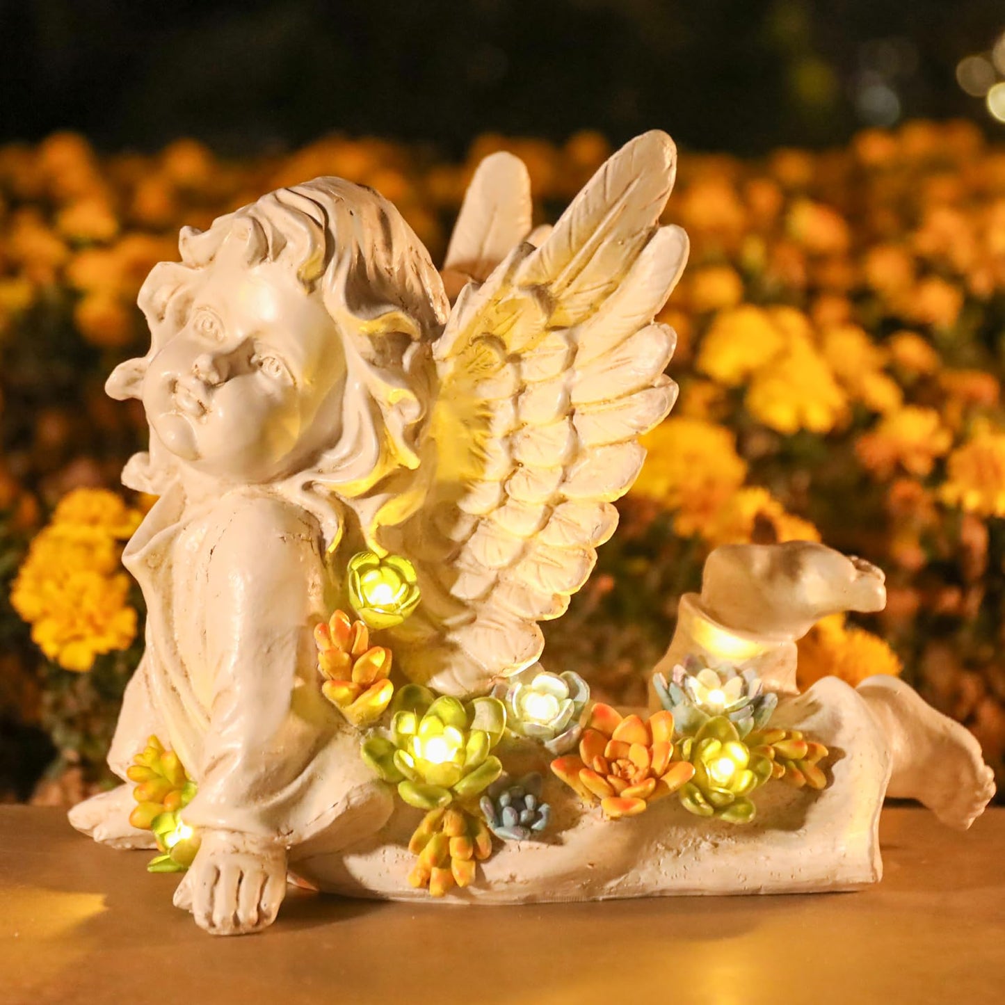 Solar Cherub Angel Outdoor Garden Decor Statues - 7 inches Baby Angel Figurines Outdoor Sculptures with Succulent, Garden Statues for Outside, Patio, Balcony, Lawn Ornaments or Housewarming Gift