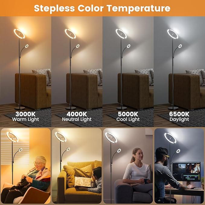 LED Floor Lamp for Living Room - Modern Standing Lamp with Reading Light, Remote Touch Control Floor Light Dimmable Mother-Daughter Tall Bedroom Lamp for Couch Office, 29W, Black