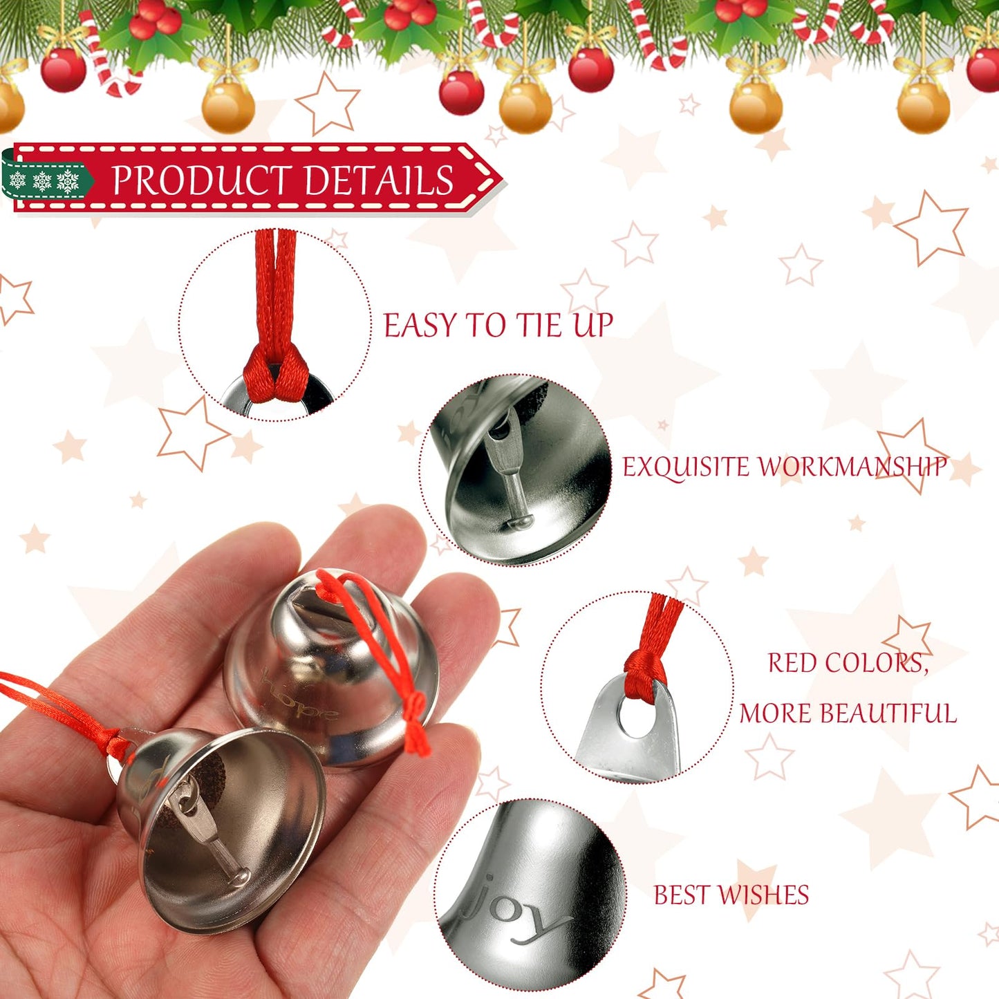 Sratte 24 Pack 1.5 Inch Christmas Bells Ornament Xmas Believe Jingle Decoration Silver Santa Sleigh Bell Christmas Printed Bell with Red Ribbon for Xmas Tree Home Decoration(Trumpet)