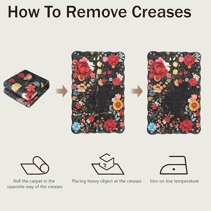 Kitchen Rug Runners for Hallways: 2'6''x10' Washable Runner Rugs for Kitchen Ultra Thin Stain Resistant Non Slip Low Pile Lightweight Vintage Floral Carpet for Farmhouse Decor (Black)