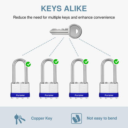 Puroma Lock 4 Pack Padlocks, 2” Long Shackle Heavy-Duty Locks with 8 Keys, 40mm Hardened Steel Keyed Alike Padlocks for Sheds, Gates, Fences, Toolbox, Outdoor and Indoor Use（Silver）