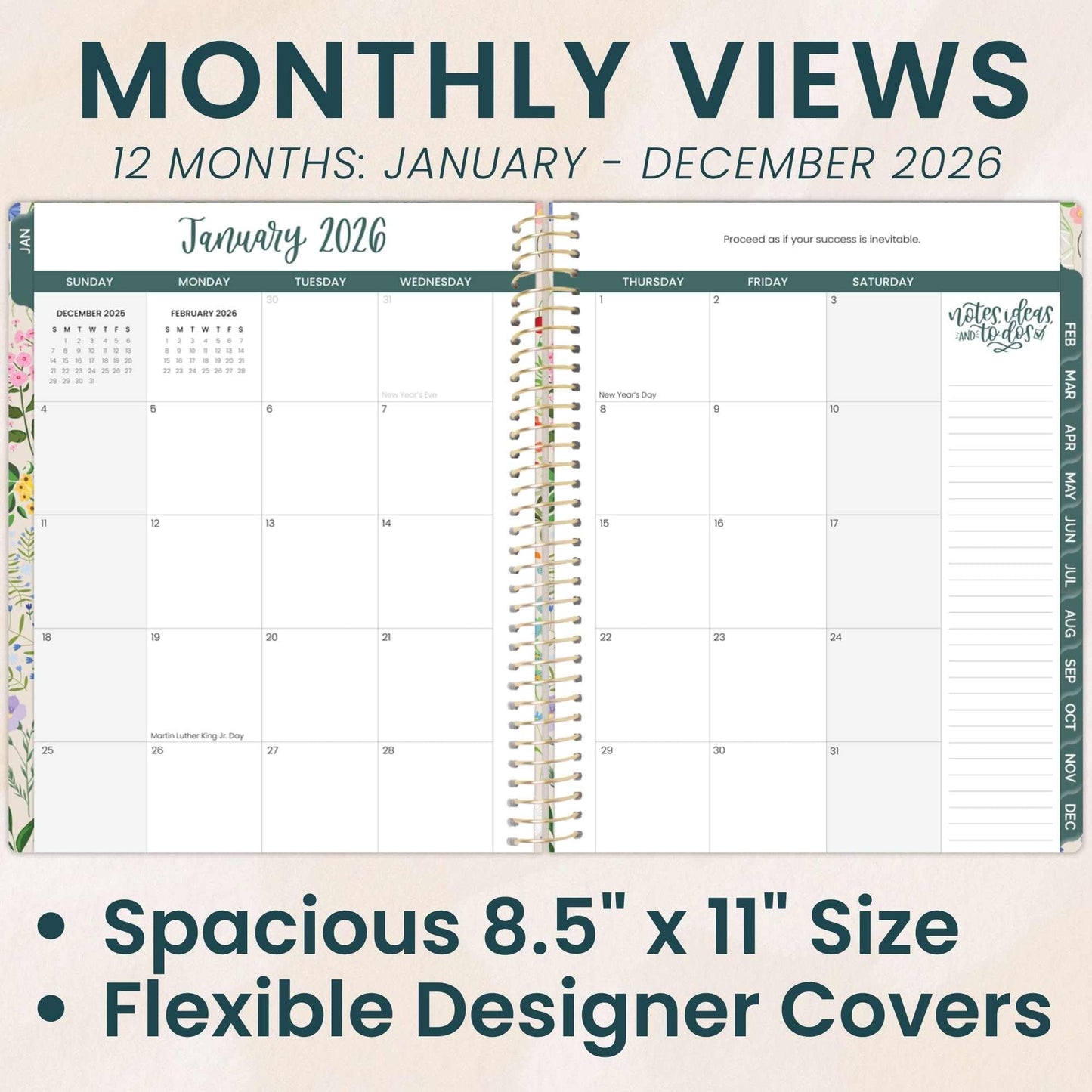 bloom daily planners 2026 Planner (January to December) - 8.5” x 11” Weekly & Monthly Dated Agenda Organizer Book with Stickers & Tabs - Flexible Soft Cover - Garden Party, Beige