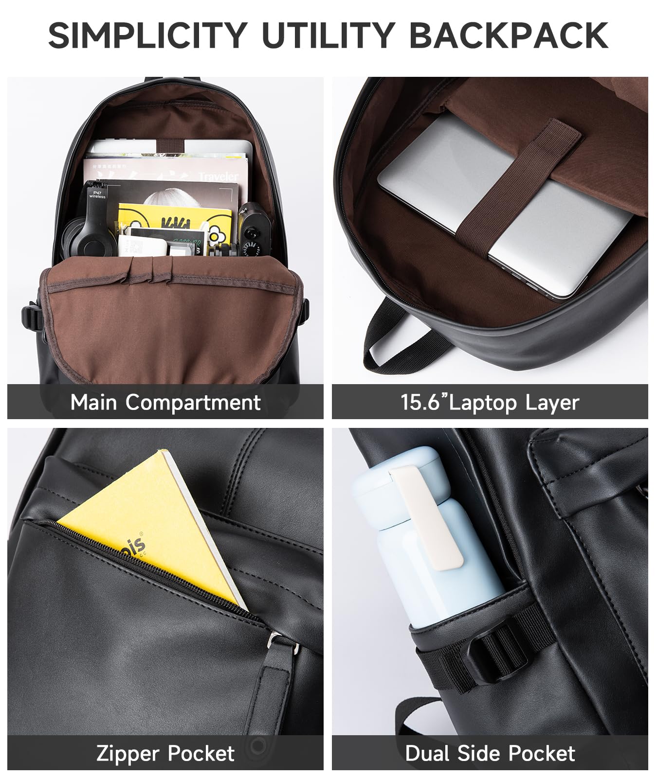 MOYYI Leather Backpack for Men Black Large Backpack Fit 15.6inch Laptop Rucksack Waterproof for business Commute Casual Daypack