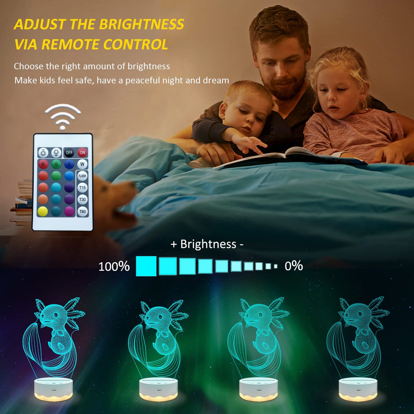 Axolotl Night Light, 3D Illusion lamp with Remote + Touch 16 Color Flashing Changing + Timer Desk Lamps Kids Room Decor Best Festival Birthday Gifts (Axolotl)
