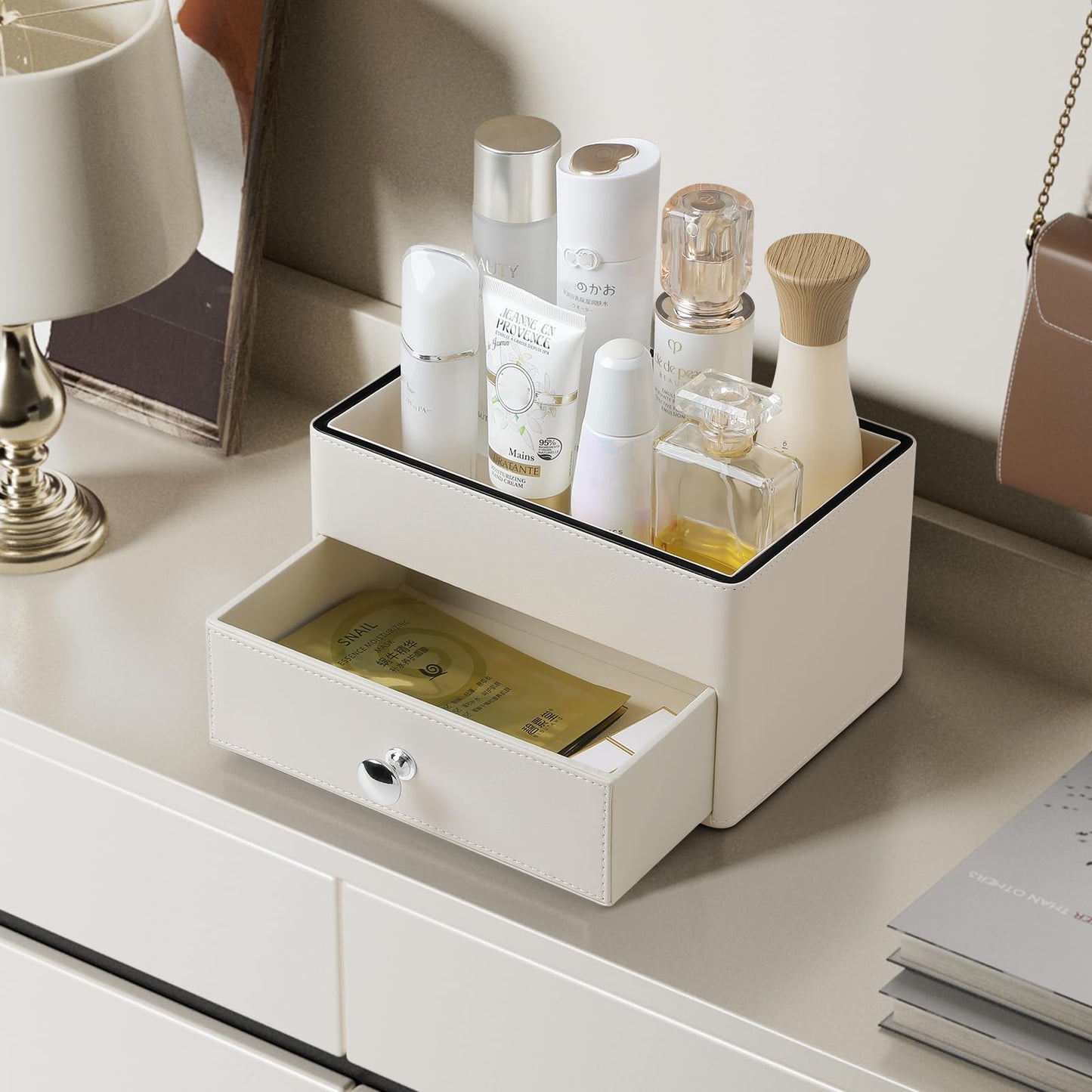 MEIBOOCH PU Leather Desk Organizer with Drawer, Multifunctional Nightstand Organizer, Waterproof Makeup Organizer for Vanity Bathroom Countertop Bedside Table (Beige)