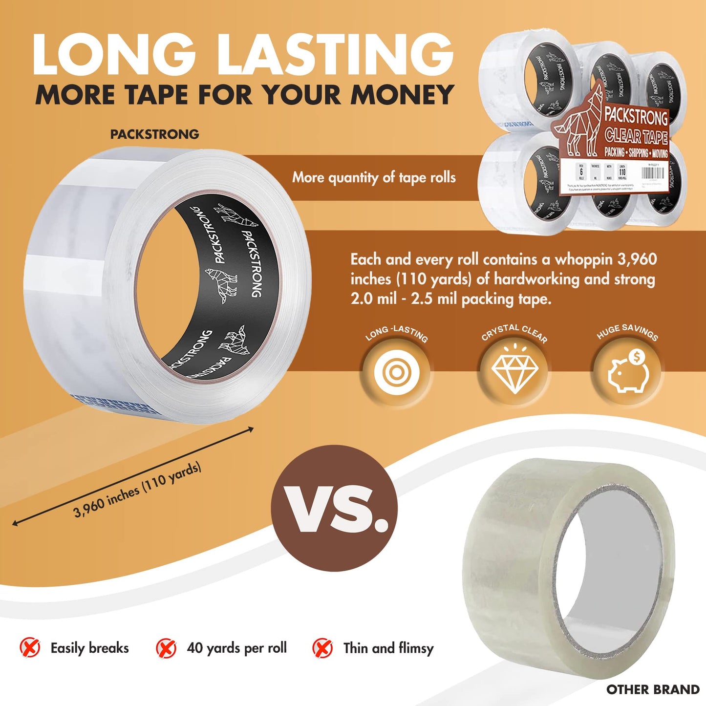 Packstrong Industrial Grade Clear Packing Tape 6 Rolls - 110 Yards per Roll - 3" Wide x 2.5 mil Thick, Acrylic Adhesive Heavy Duty Tape for Box Office Moving Packaging Shipping