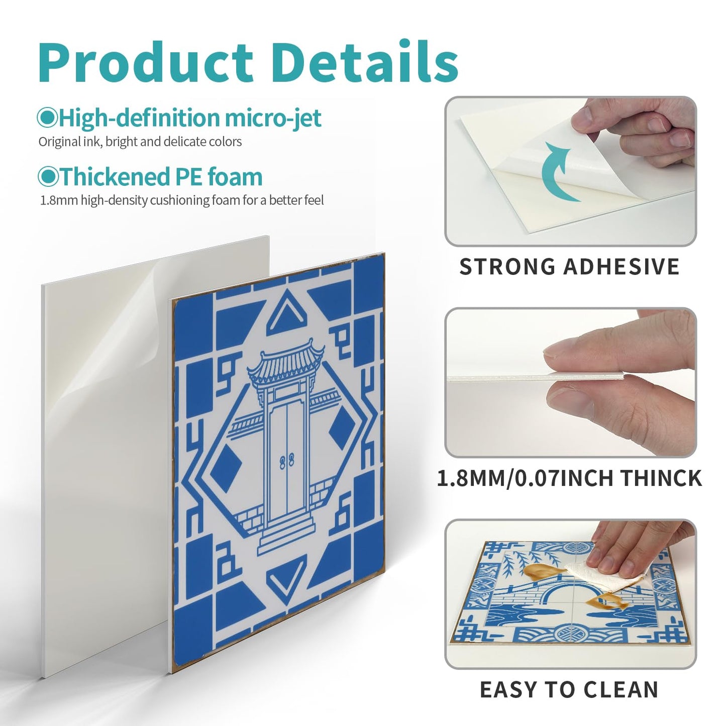 Decorative Blue White Tile Stickers Peel Stick with Chinese Pogada Pattern,Thickened Adhesive backsplash Tiles for Kitchen Furniture RV Vanity Fireplace Decor(5.91 * 5.91 in,12 pcs)