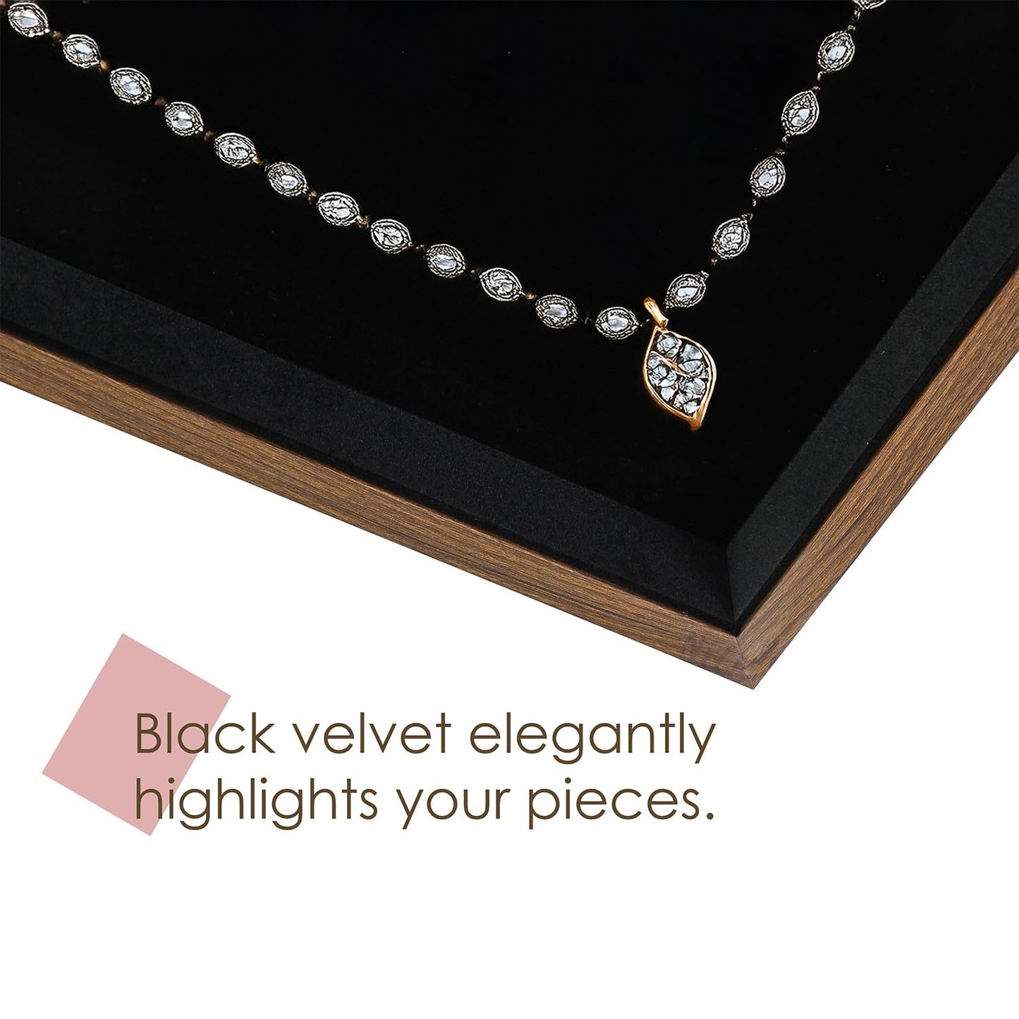 MOOCA 2 Pcs Wooden Jewelry Display Tray, Presentation Tray, Organizer for Rings, Necklaces, Earrings, and Accessories, Walnut Color with Black Suede, 14" W x 9.6" D x 1.2" H