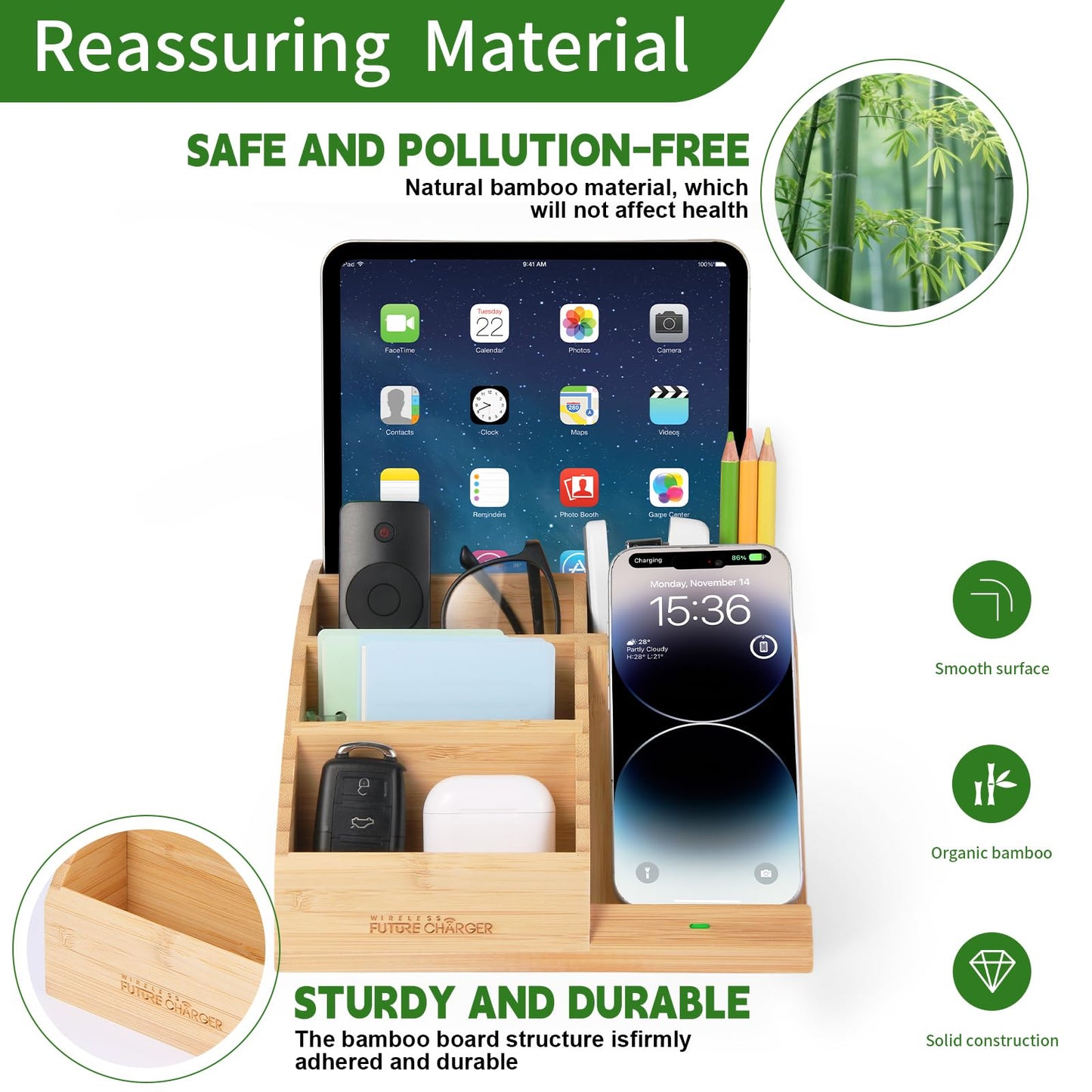 Bamboo Pen Holder for Desk & Nightstand Organizer with Fast Wireless Charging for iPhone, Samsung & More – Office Desk Accessories for Men/Women (Natural)