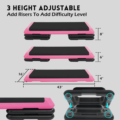 Fitvids 43''x 16'' Adjustable High Step Aerobic Step Platform with 4 Stackable Risers, Workout Step Platform for Exercise at Home, Stepper with Non-Slip Surface for Fitness Training, Cardio Strength, Pink