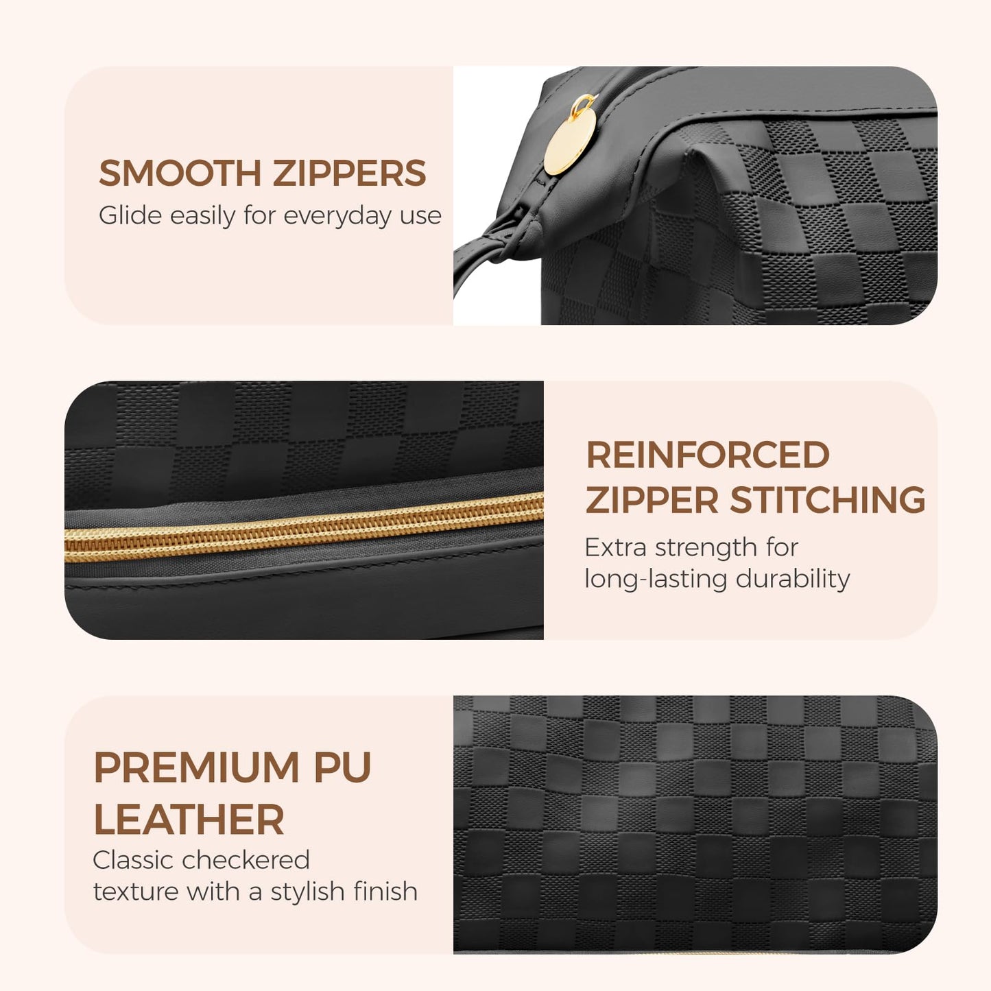 Hairao Large Makeup Bag for Women, Double Layer Travel Makeup Bag with Brush Compartment, Waterproof PU Leather Cosmetic Bag, Checkered Toiletry Bag Makeup Organizer for Skincare & Toiletries, Black
