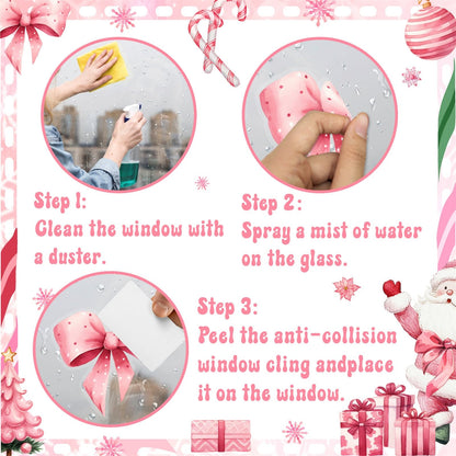 Christmas Decoration Window Decals Pink Bow Xmas Tree Window Clings Indoor Decor Removable Santa Claus Static Cling for Glass Double-Sided Snowflake Glass Sticker for 2026 New Year Living Room Supply