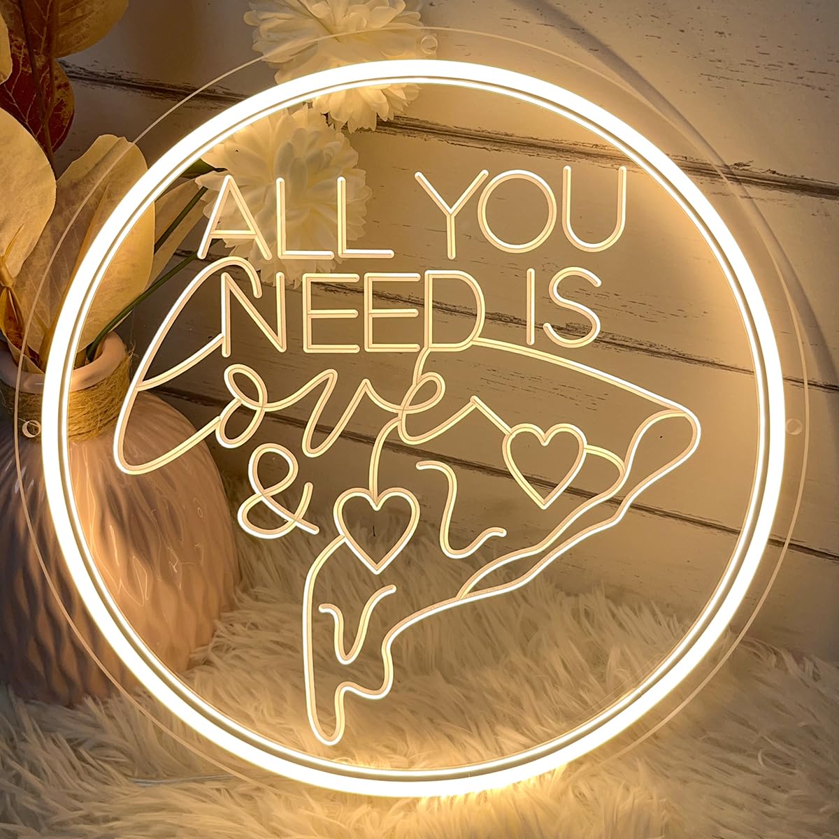 All You Need Is Love &Pizza Neon Sign For Wall Decor 3D Art Carving Design Indoor Bedroom Led Neon Signs Backdrop Flex Christmas Party Business Room Shop Window Birthday Gift(Warm White,USB,30×30CM)