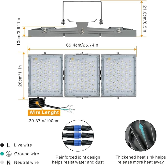 STASUN LED Flood Light Outdoor, 300W 27000lm Outdoor Lighting with 330° Lighting Angle, 5000K, 3 Adjustable Heads, IP66 Waterproof LED Exterior Security Area Lights for Yard, Stadium, Parking Lot
