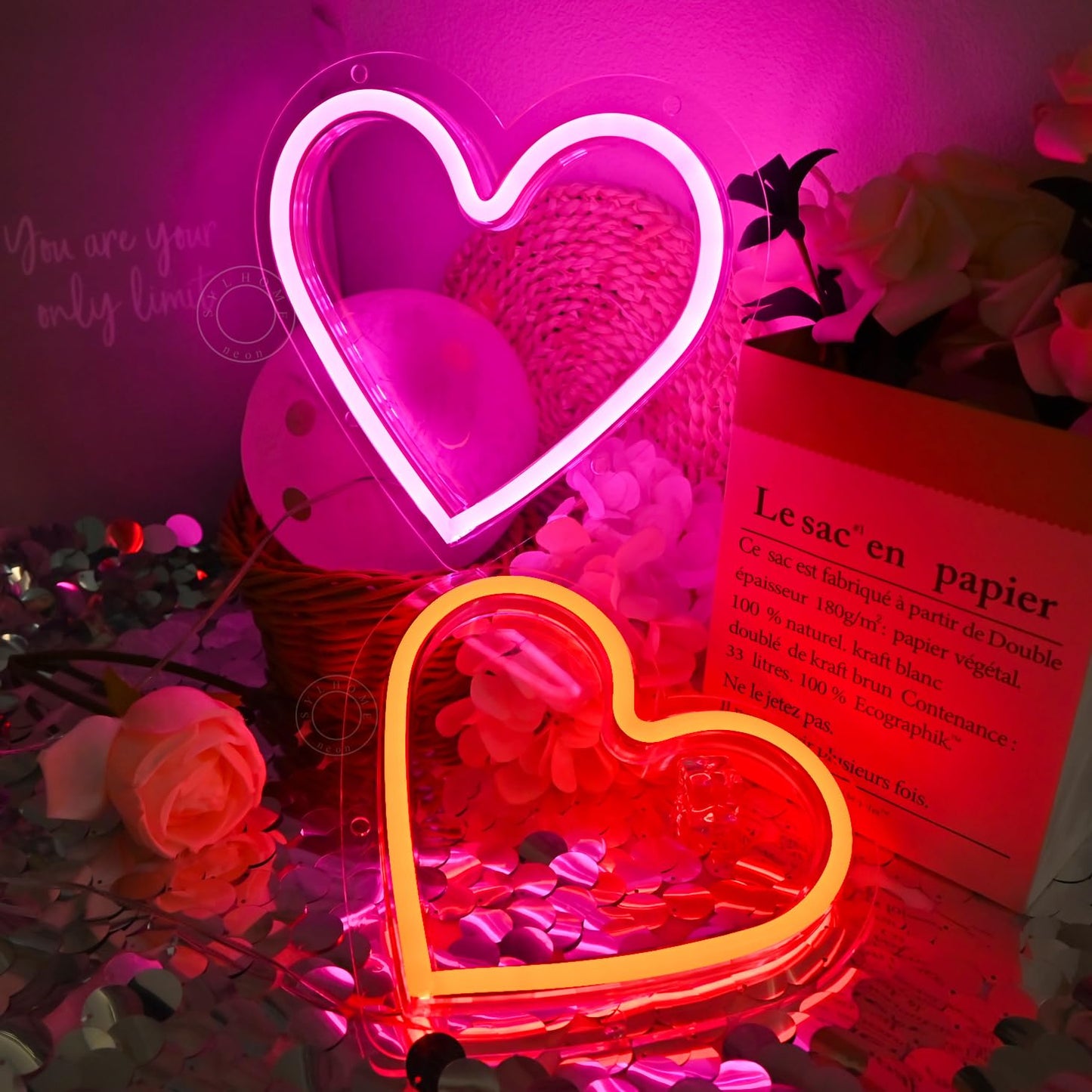 SYLHOME 2 Pack Heart Led Neon Light Sign Battery Operated or USB Powered Bedroom Wedding Wall Sign Decor Valentines Day Christmas Birthday Gifts USB 7.87" X 7.28" Pink & Red