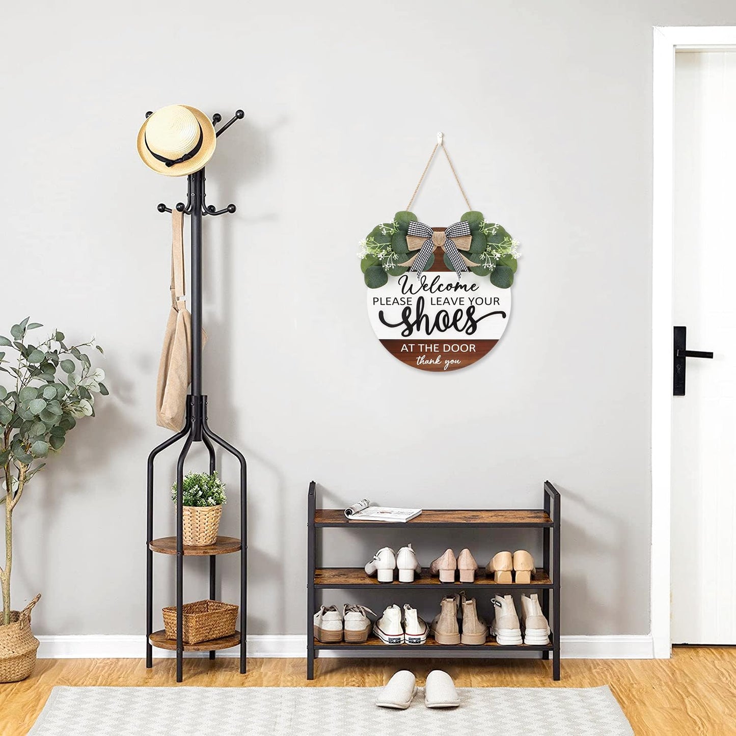 TOARTi 3D Welcome Wreath Bow-Knot Front Door Wood Sign Hanging, Please Leave Your Shoes Funny Sign Round Plaque, Shoes Off No Shoes Sign for Home Porch Entrance Decoration