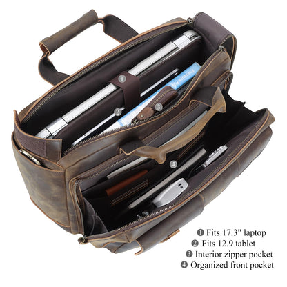 TIDING Full Grain Leather 17.3 Inch Laptop Briefcase for Men, Multi Pockets Work Bag Business Travel Messenger Shoulder Bag