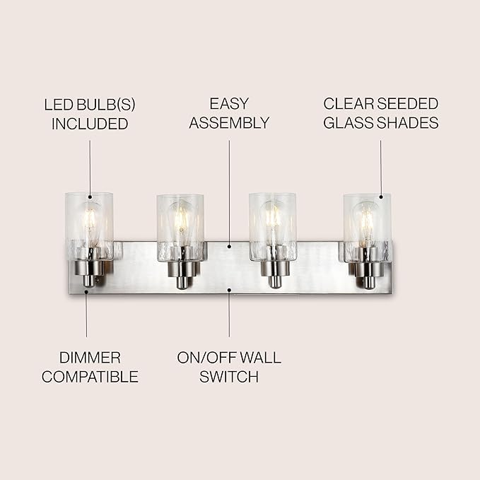 JONATHAN Y JYL7558A Irving 27.75" 4-Light Modern Contemporary LED Vanity Light Glam Transitional 2700K 9W Bulbs Included Bathroom Hallway Living Room Bedroom Mirror Cabinet, Nickel