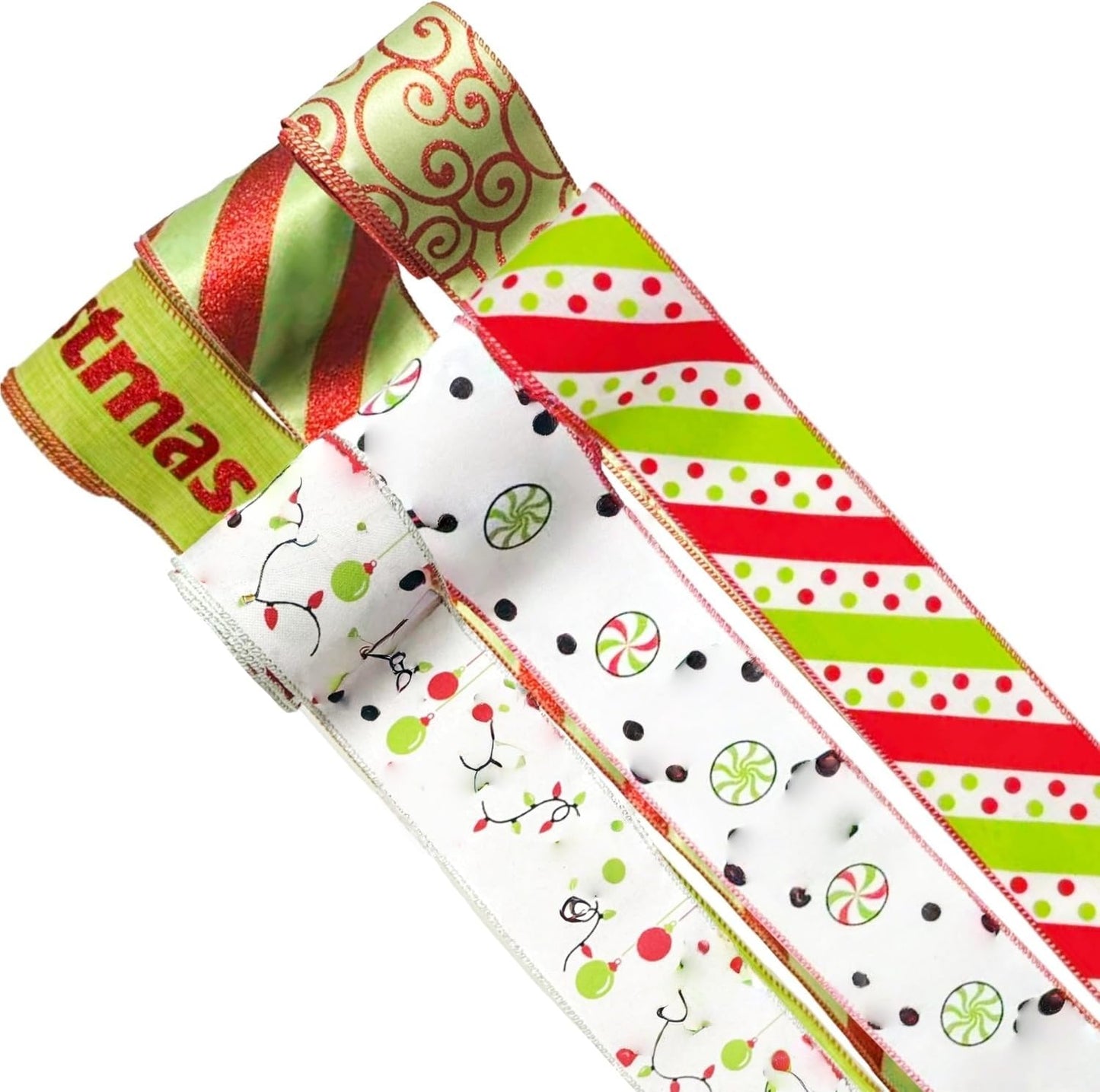 Meseey Red Green Christmas Tree Wired Ribbon 2.5 Inch x Total 30 Yards Funny Cartoon Character Gift Wrapping Ribbon Decorative Ribbons for Xmas Tree Wreath Bows DIY Craft Decoration