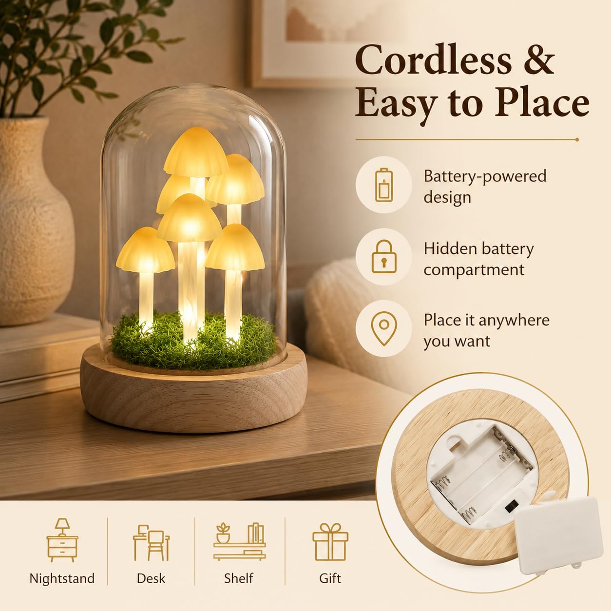 QUELIEN Mushroom Lamp in Glass Dome,Mushroom Gifts for Women - Warm White LED Night Light for Bedroom Decor,Birthday Party Decorations,Ideal Birthday Gift Valentines Gift