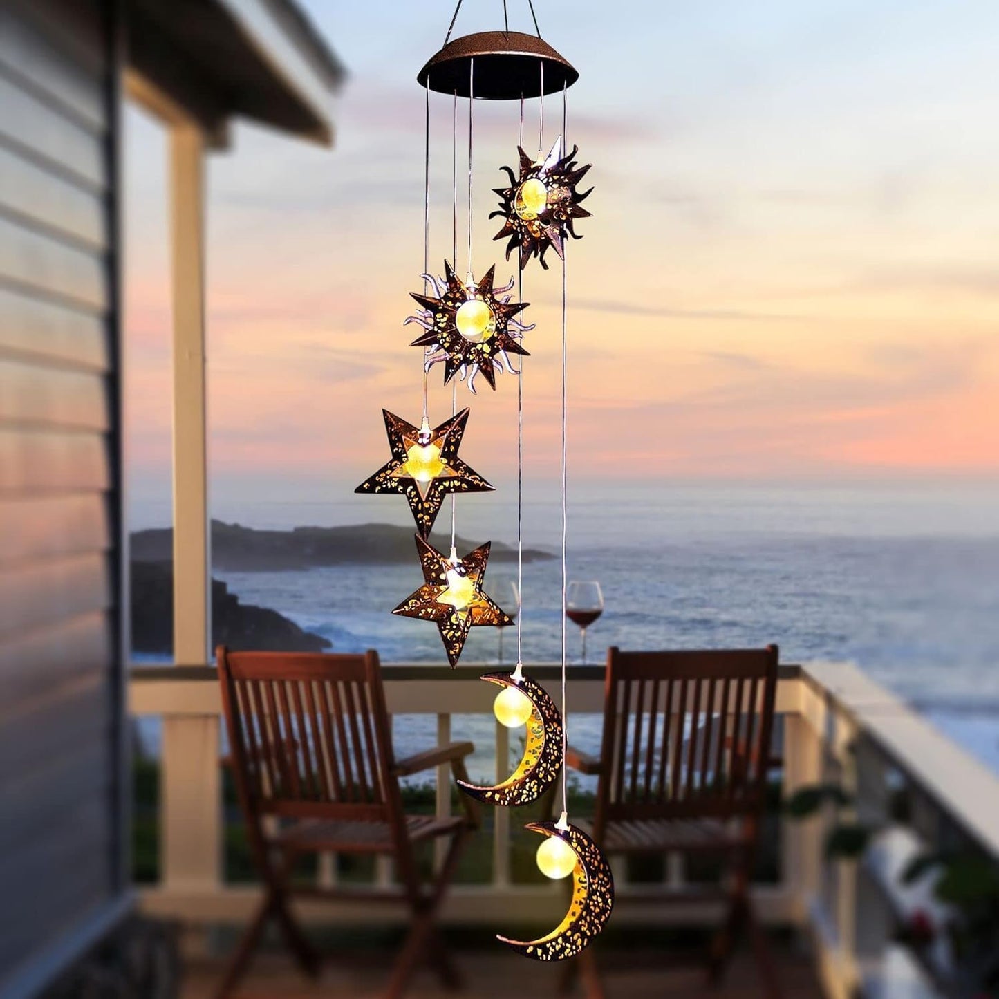 Solar Wind Chimes for Outdoor Lights Sun Moon Star for Women Mom Wife Hanging Decor Outdoor Sympathy Wind Chimes for Garden Patio Balcony Birthday Womens Gifts