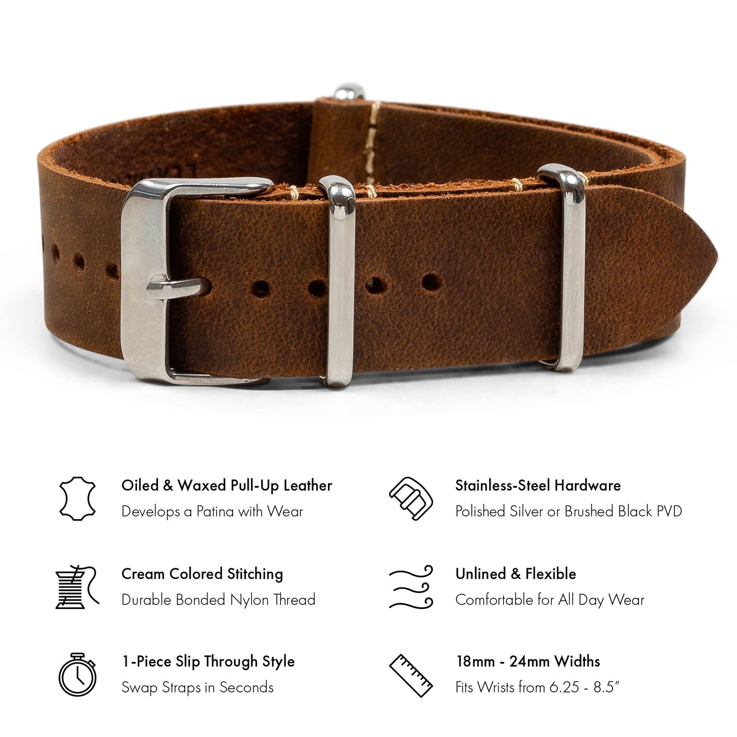 Benchmark Basics Leather Watch Band - Crazy Horse Oiled Leather One-Piece Watch Straps for Men & Women - 22mm, Dark Brown